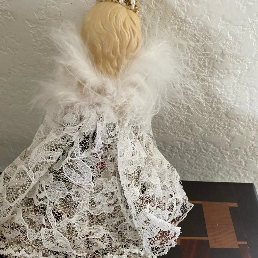 VTG Angel Feather Wings Porcelain Face Ornament Lace Dress Roses Baby Breath 8”L